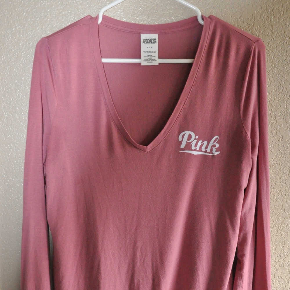 PINK - Long Sleeve V-Neck Tee - Mauve/Pink